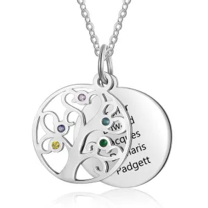 Personalized Stainless Steel Necklace - Engraved Five Custom Names & Birthstones - Family Tree Pendant