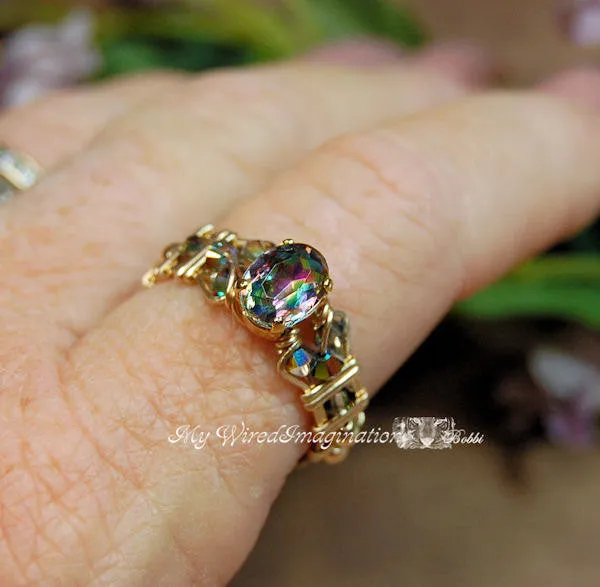 Petite Vintage Swarovski Vitrail Medium Crystal, Handmade Ring, 14K GF US Size 8.5