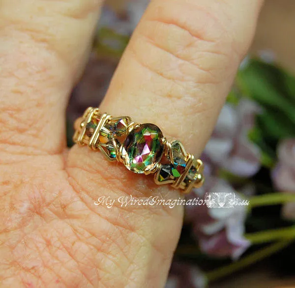 Petite Vintage Swarovski Vitrail Medium Crystal, Handmade Ring, 14K GF US Size 8.5