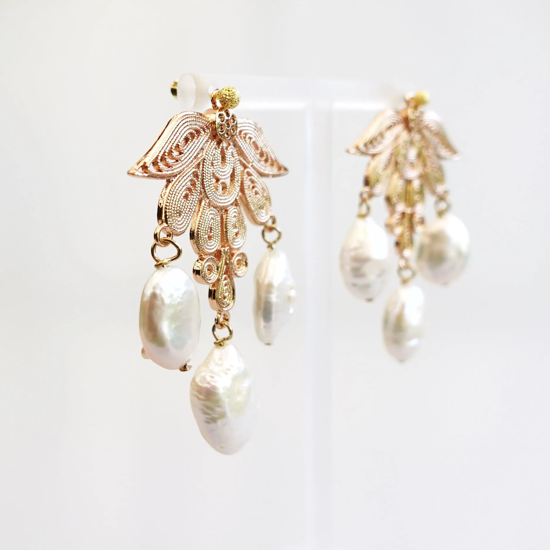 Phoenix Feather Filigree Baroque Pearl Earrings