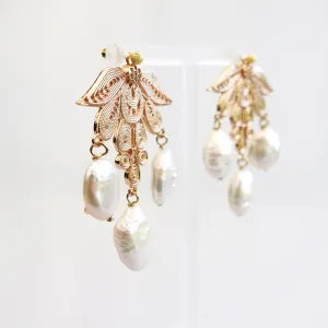 Phoenix Feather Filigree Baroque Pearl Earrings