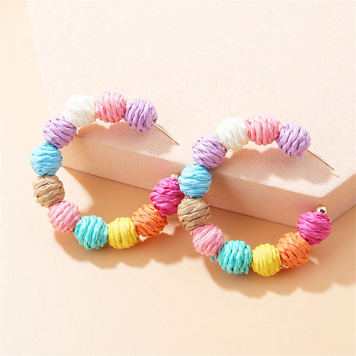 Pink & Purple Multicolor Raffia Beaded Hoop Earrings