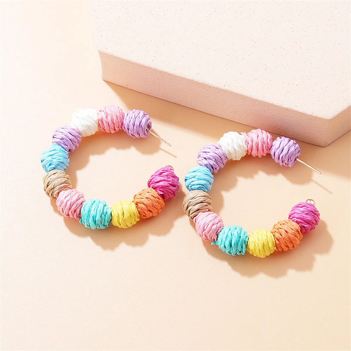 Pink & Purple Multicolor Raffia Beaded Hoop Earrings