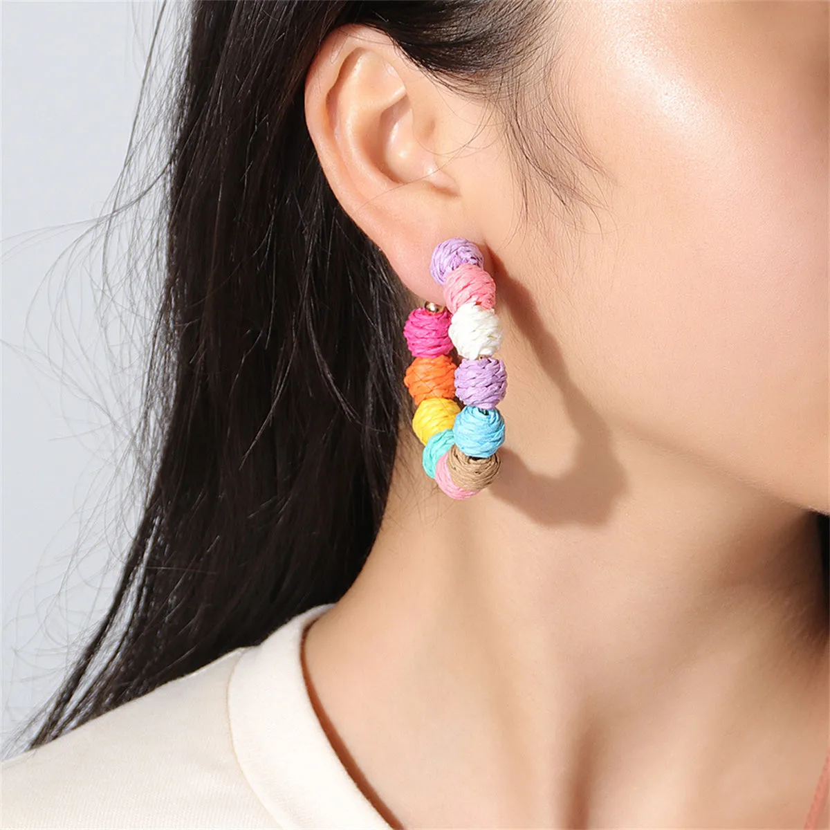 Pink & Purple Multicolor Raffia Beaded Hoop Earrings