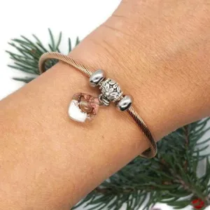 Pink, Brown and white golden Stainless Steel Bracelet Glass Charm Bead. Easy to put on adjustable stretch memory wire. One size fits most