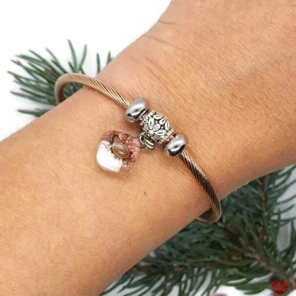 Pink, Brown and white golden Stainless Steel Bracelet Glass Charm Bead. Easy to put on adjustable stretch memory wire. One size fits most