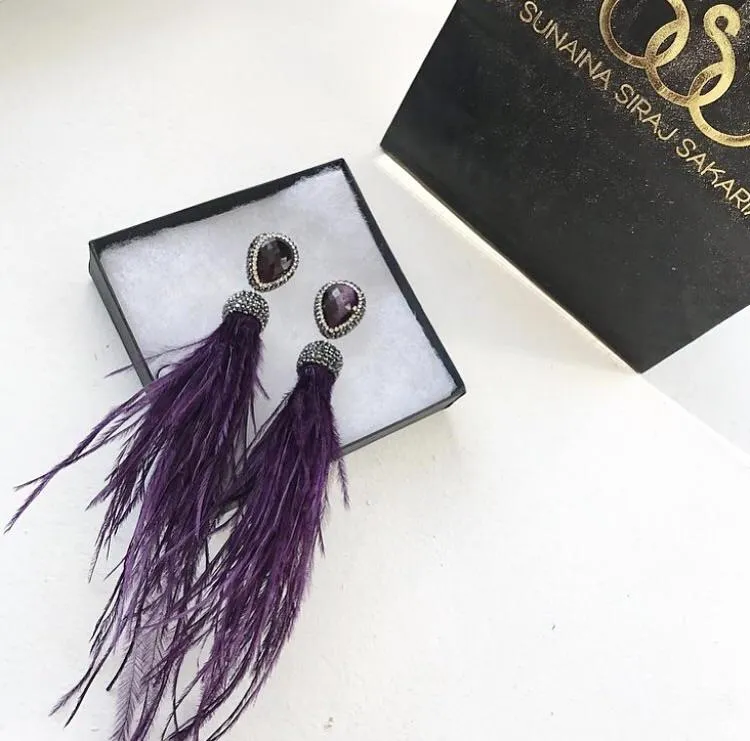 Pink Cats Eye Sterling Silver Feather Earrings - Rhodium Plated, 16cm Length, Made to Order. Natural Variations.