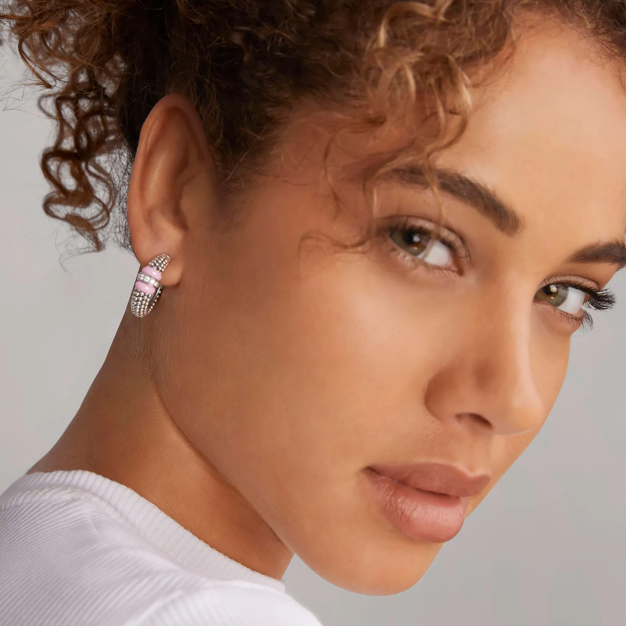 Pink Caviar Pink Ceramic Caviar Diamond Hoop Earrings