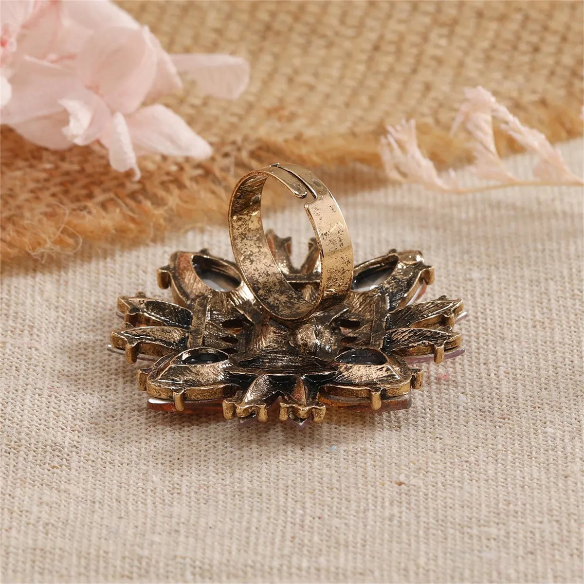 Pink Crystal & 18K Gold-Plated Botanical Ring
