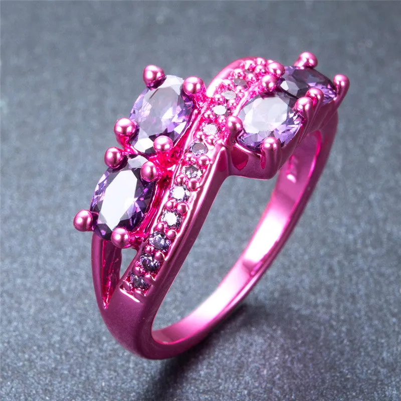 Pink Gold Purple Oval Zircon Ring