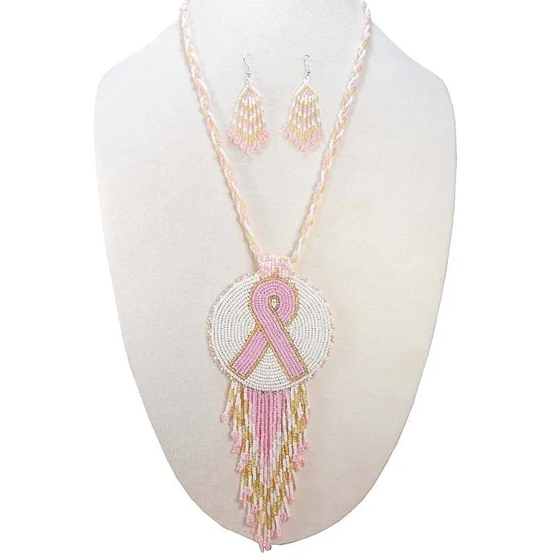 Pink Ribbon - Handmade - Breast Cancer Awareness - Beaded Necklace Earrings Set