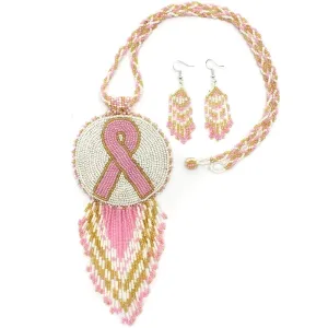 Pink Ribbon - Handmade - Breast Cancer Awareness - Beaded Necklace Earrings Set