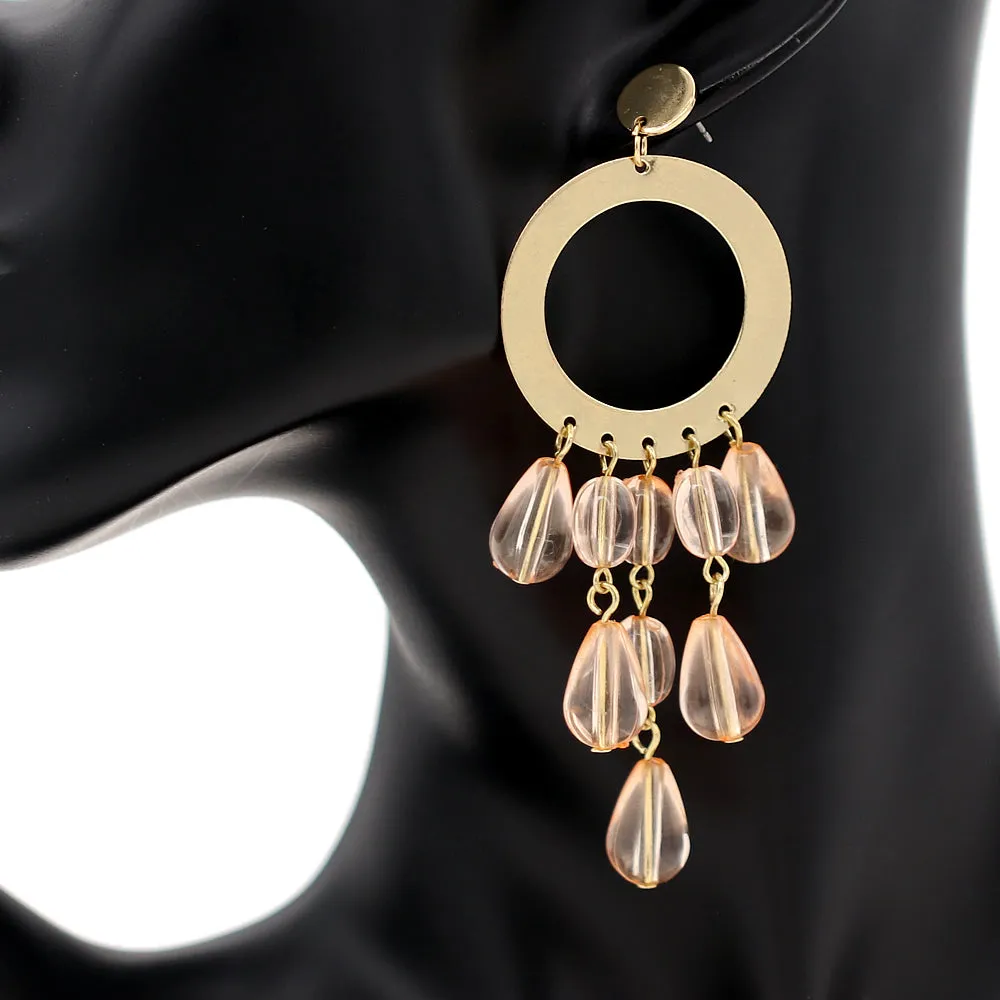 Pink Transparent Beaded Hoop Dangle Earrings