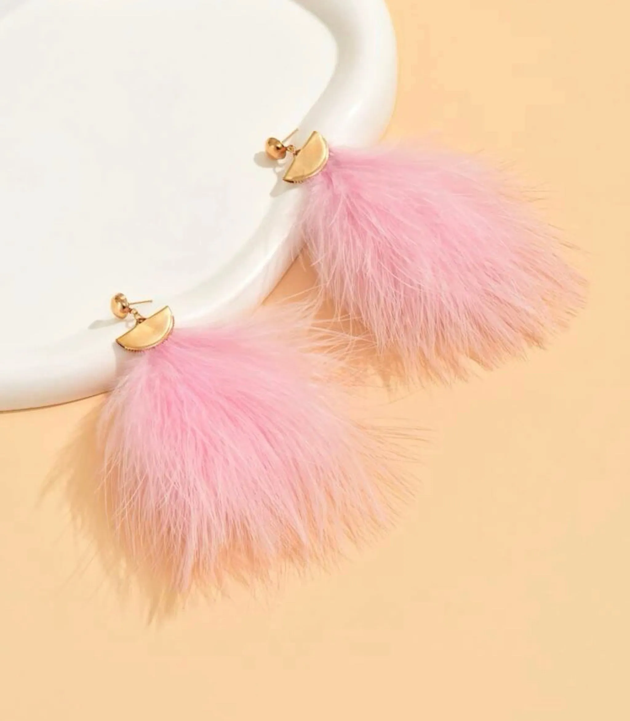 Pom-Pom Style Pink Feather Earrings