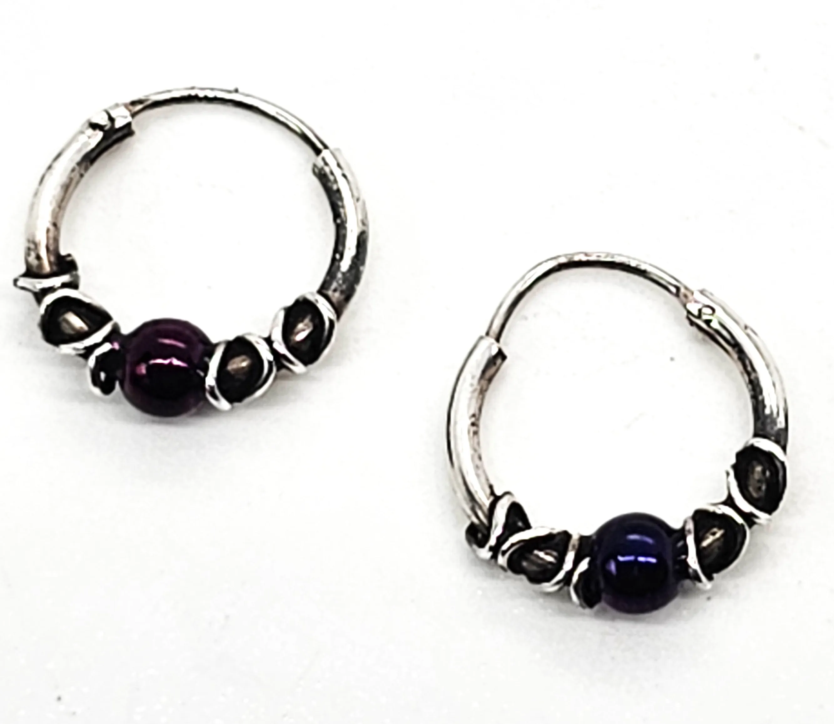 Purple and silver beaded 1/2 inch vintage sterling silver hoop earrings