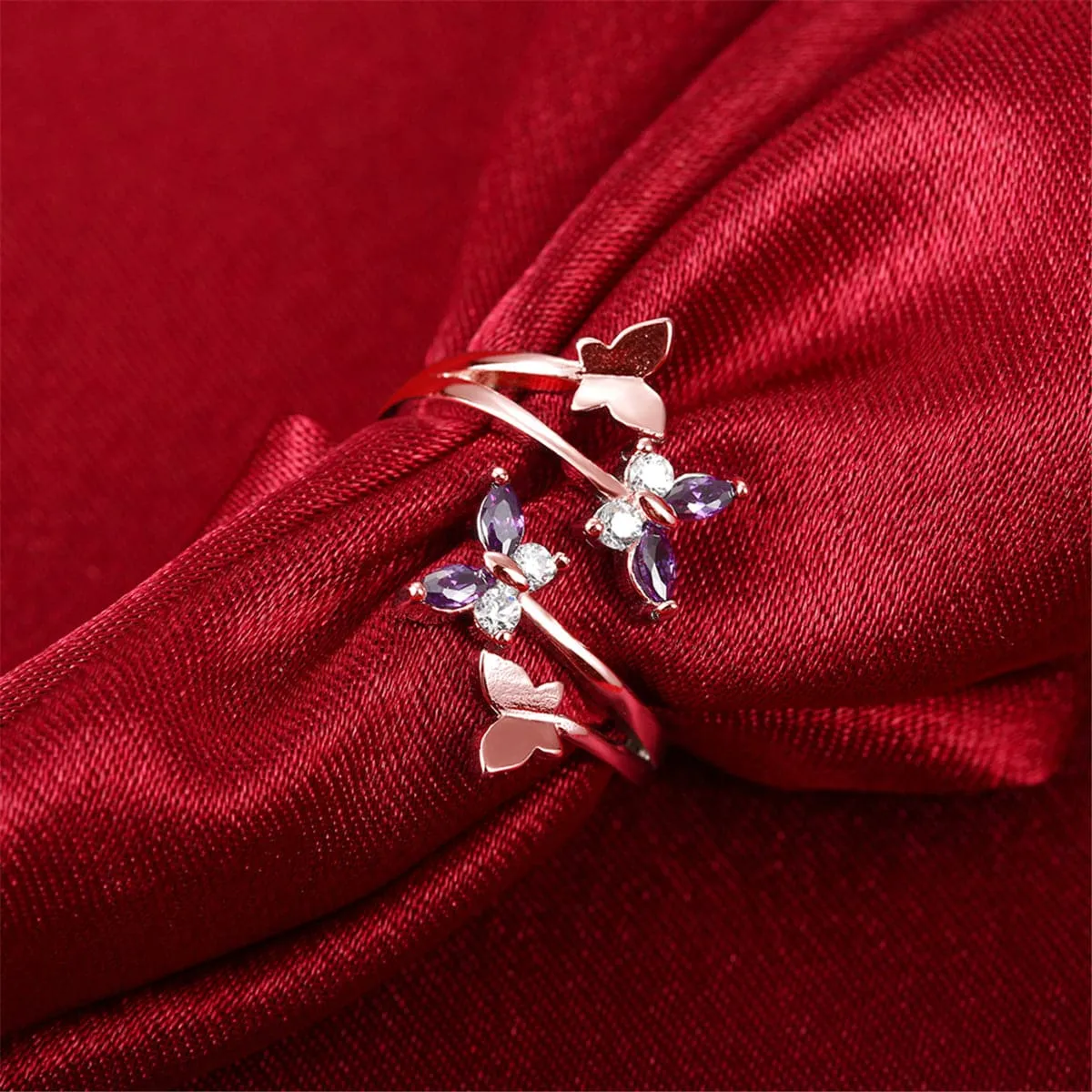 Purple Crystal & 18K Rose Gold-Plated Butterfly Bypass Ring