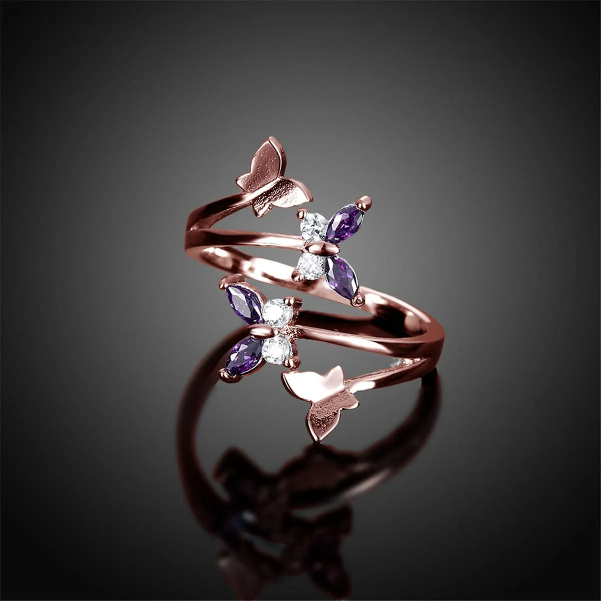 Purple Crystal & 18K Rose Gold-Plated Butterfly Bypass Ring