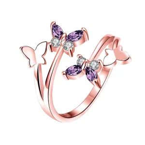 Purple Crystal & 18K Rose Gold-Plated Butterfly Bypass Ring
