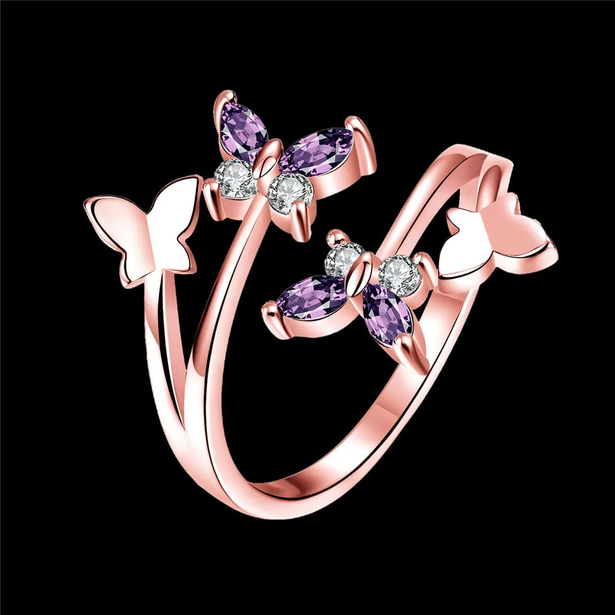 Purple Crystal & 18K Rose Gold-Plated Butterfly Bypass Ring