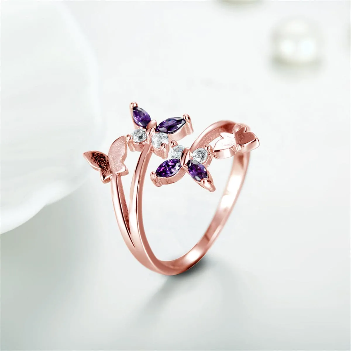 Purple Crystal & 18K Rose Gold-Plated Butterfly Bypass Ring