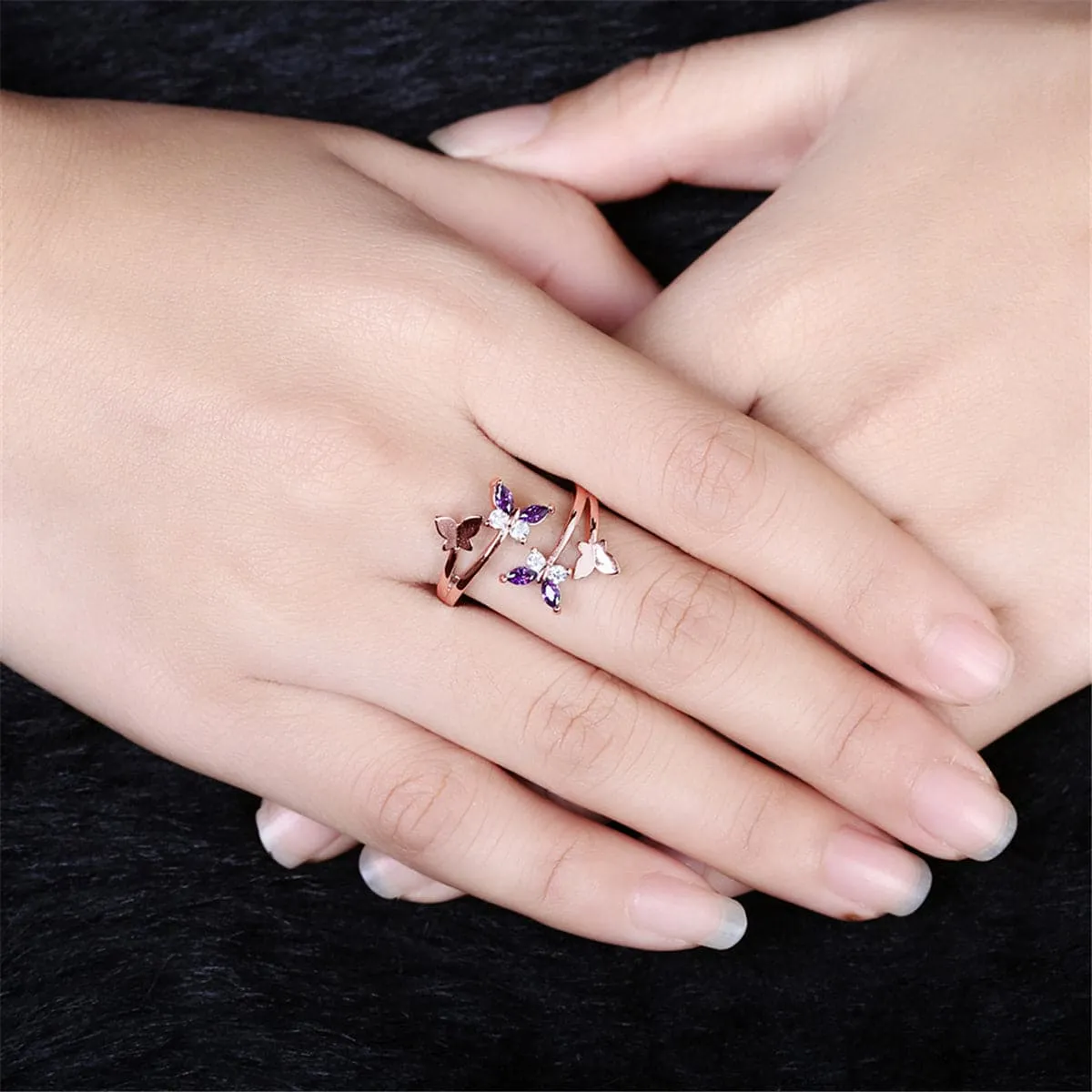 Purple Crystal & 18K Rose Gold-Plated Butterfly Bypass Ring
