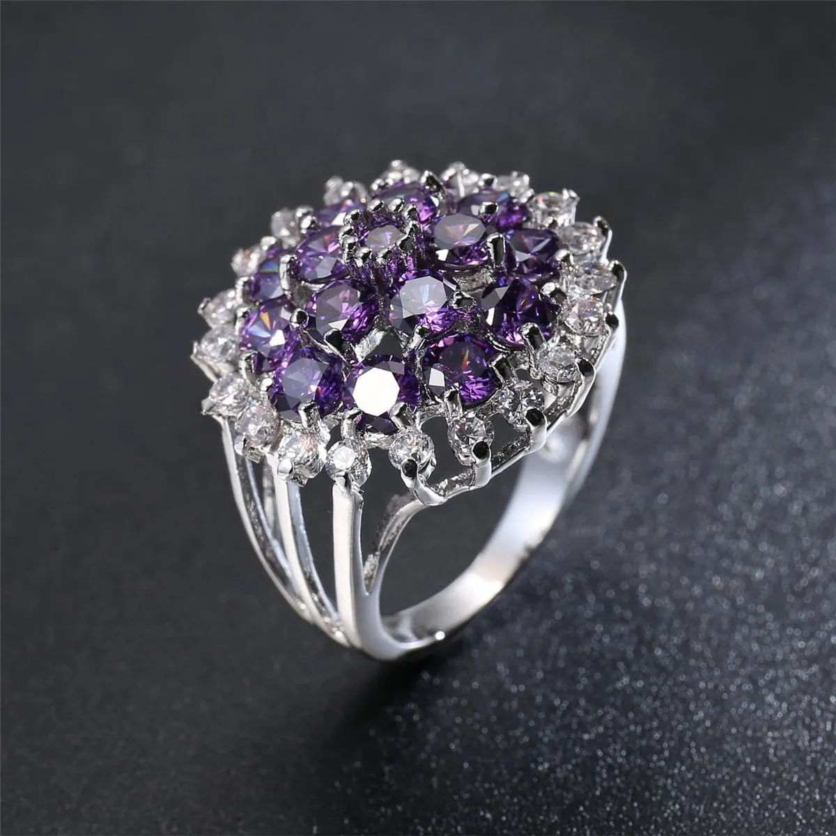Purple Crystal & Cubic Zirconia Sunflower Ring