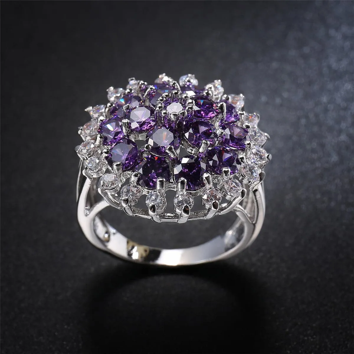 Purple Crystal & Cubic Zirconia Sunflower Ring