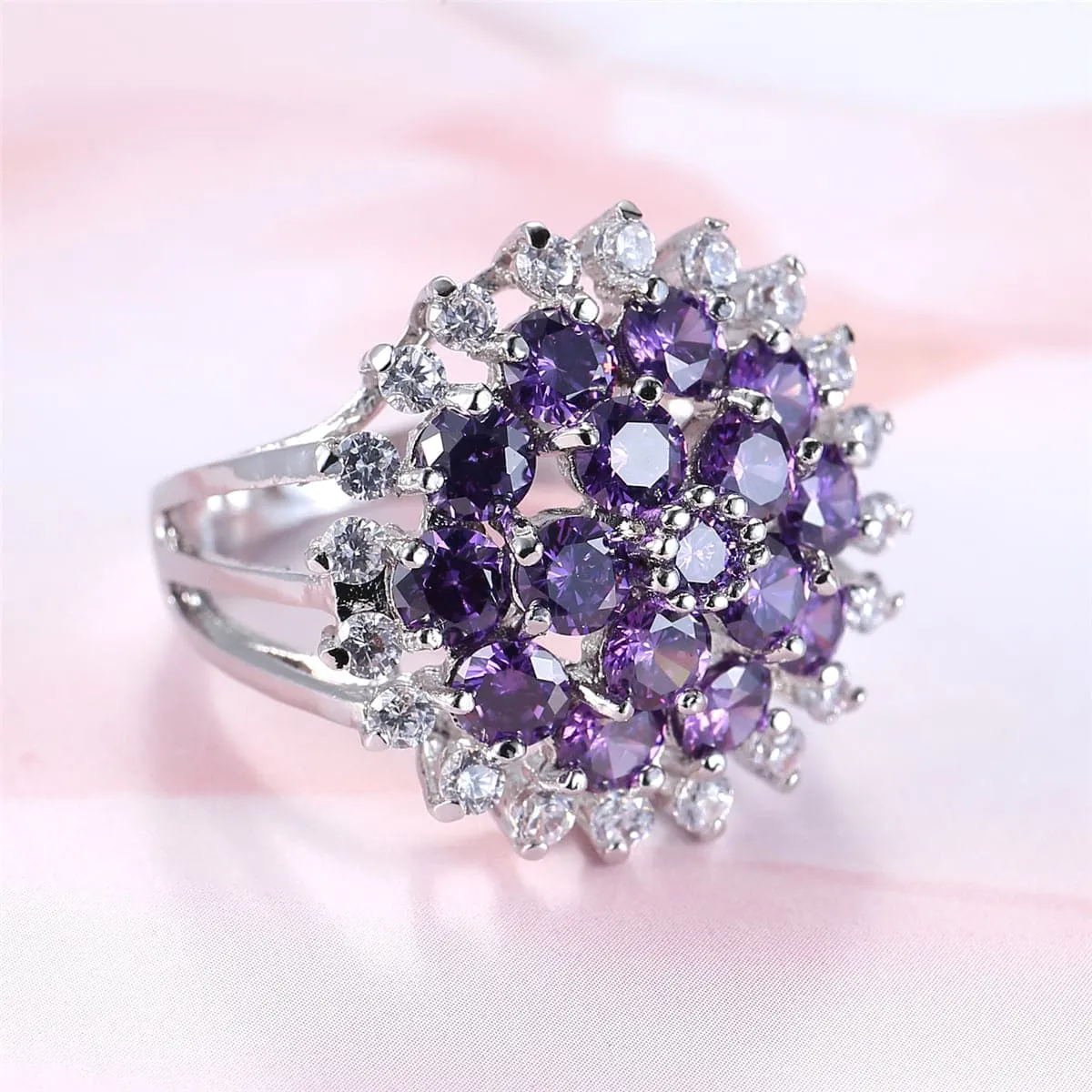 Purple Crystal & Cubic Zirconia Sunflower Ring