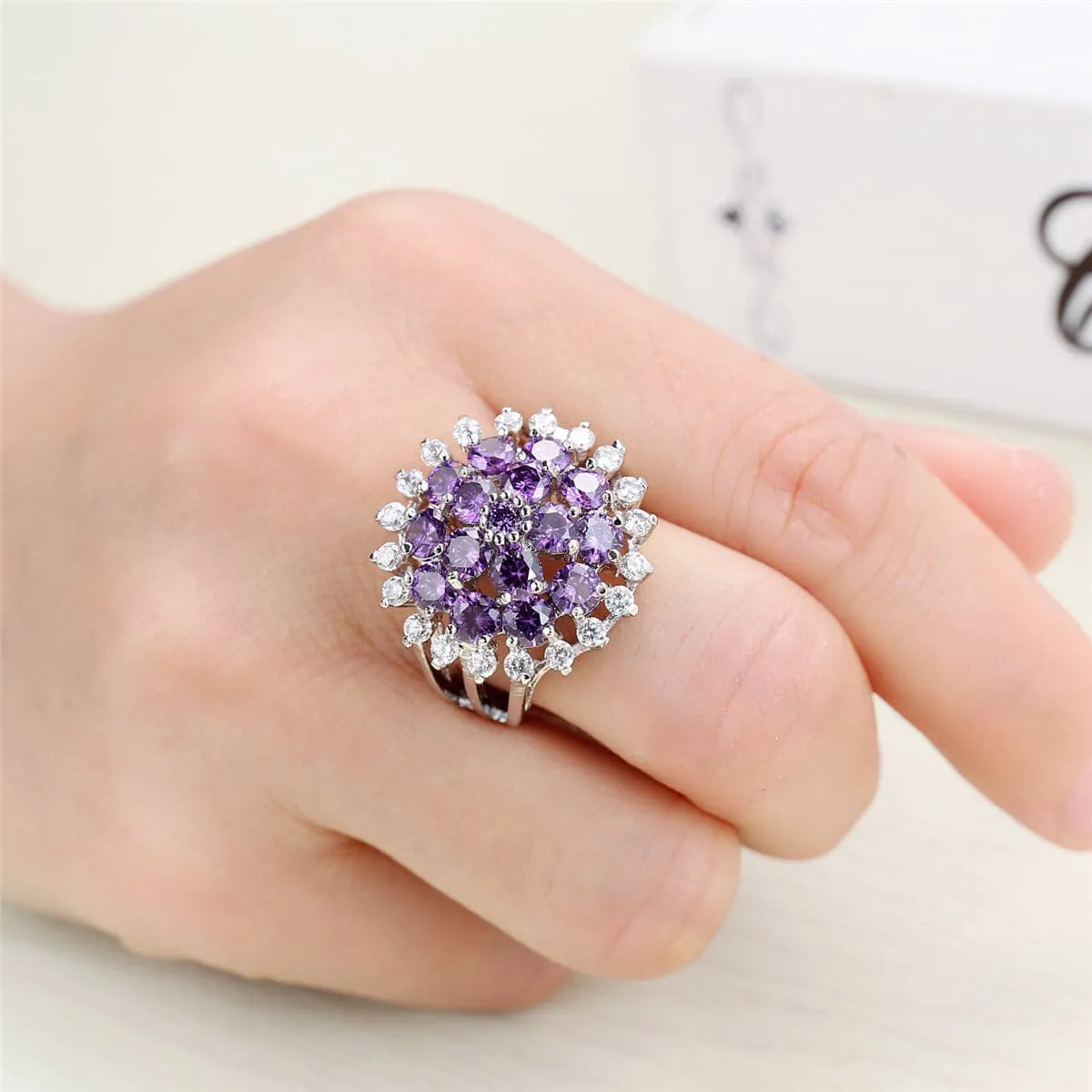 Purple Crystal & Cubic Zirconia Sunflower Ring
