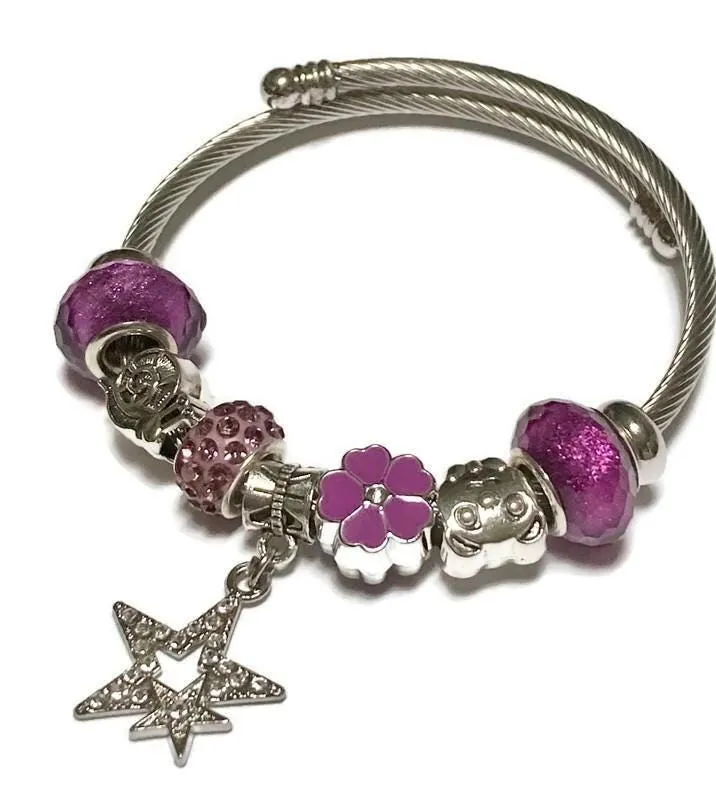 Purple Stainless Expandable Easy to put on stretch memory wire Charm Bracelet. One size fits most