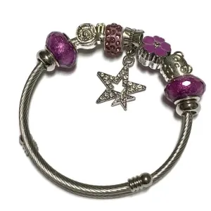 Purple Stainless Expandable Easy to put on stretch memory wire Charm Bracelet. One size fits most