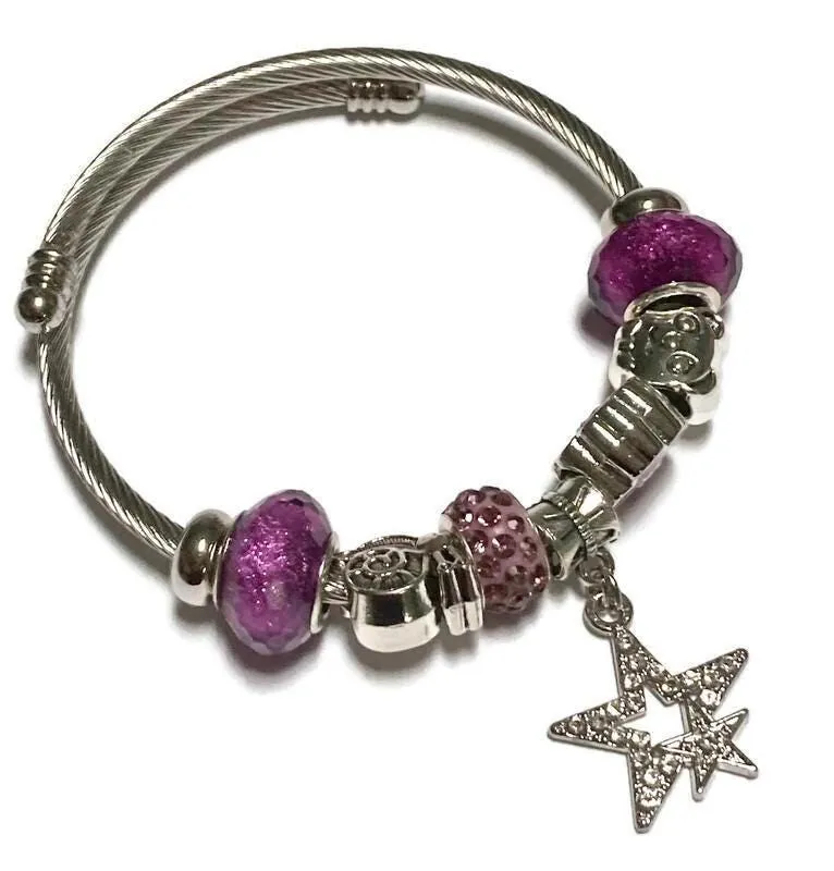 Purple Stainless Expandable Easy to put on stretch memory wire Charm Bracelet. One size fits most