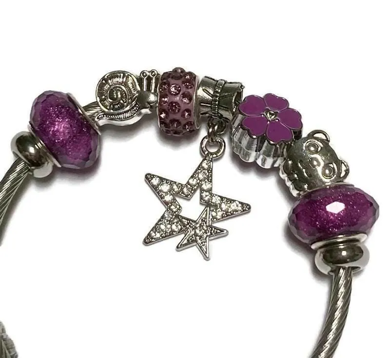 Purple Stainless Expandable Easy to put on stretch memory wire Charm Bracelet. One size fits most