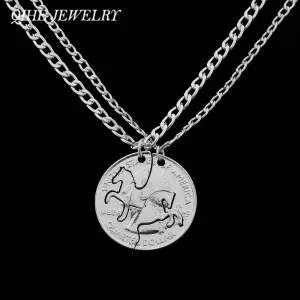 QIHE JEWELRY 2PC/SET Animal Prancing and Rearing Horse Pendant Necklace Cowgirl Jewelry 2 Part Hand Cut Coins Friends Couples