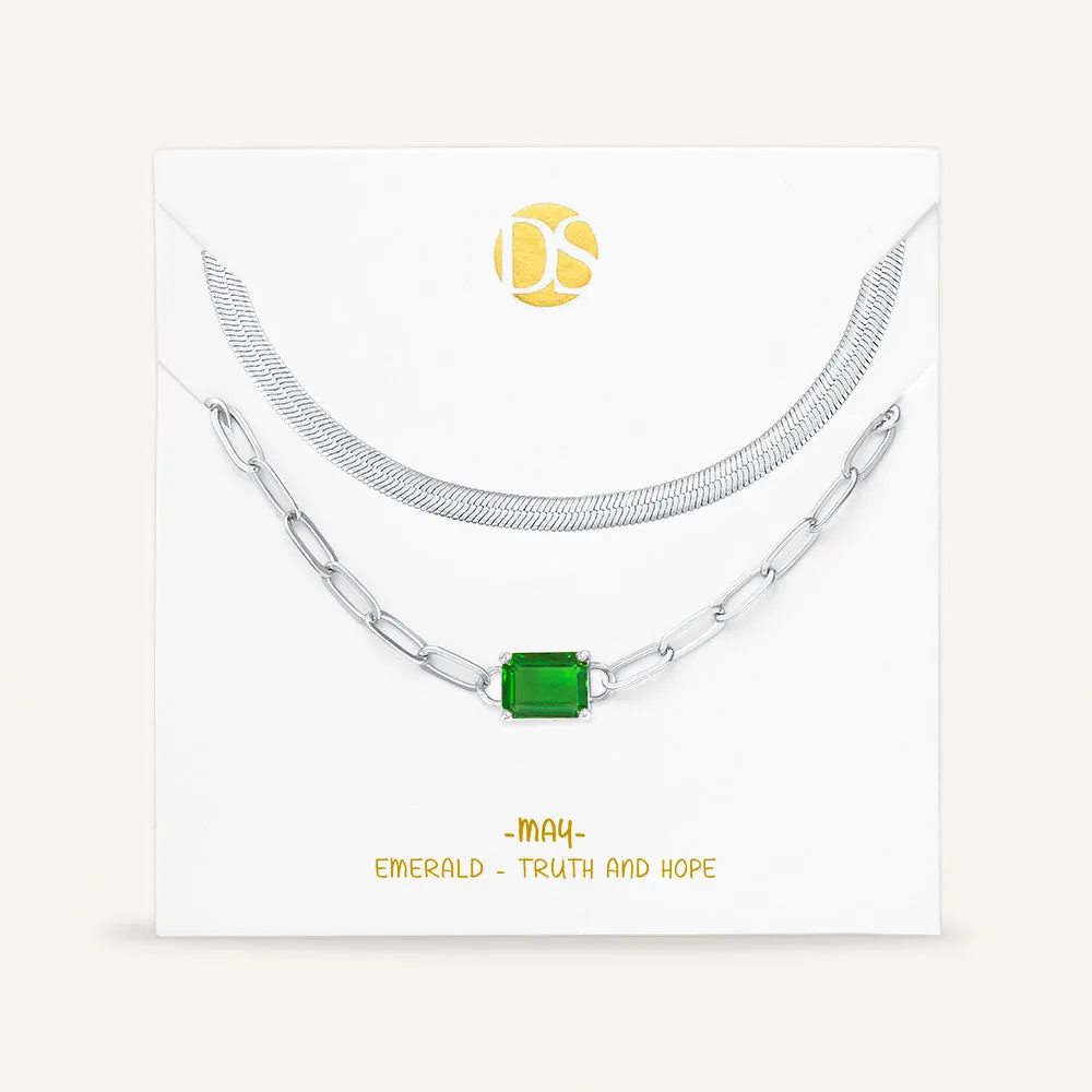"Personal Touch" Set of Two Emerald Cut Birthstone Clip Chain & Herringbone Layering Necklaces