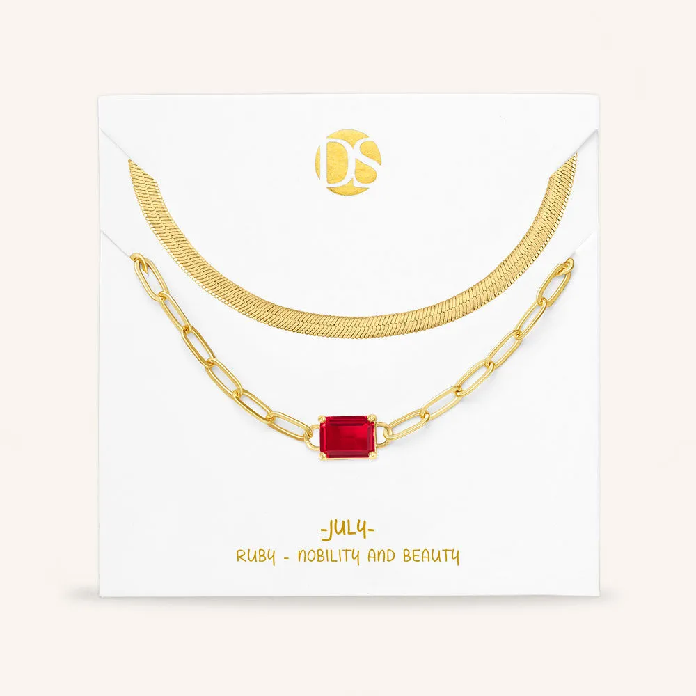 "Personal Touch" Set of Two Emerald Cut Birthstone Clip Chain & Herringbone Layering Necklaces