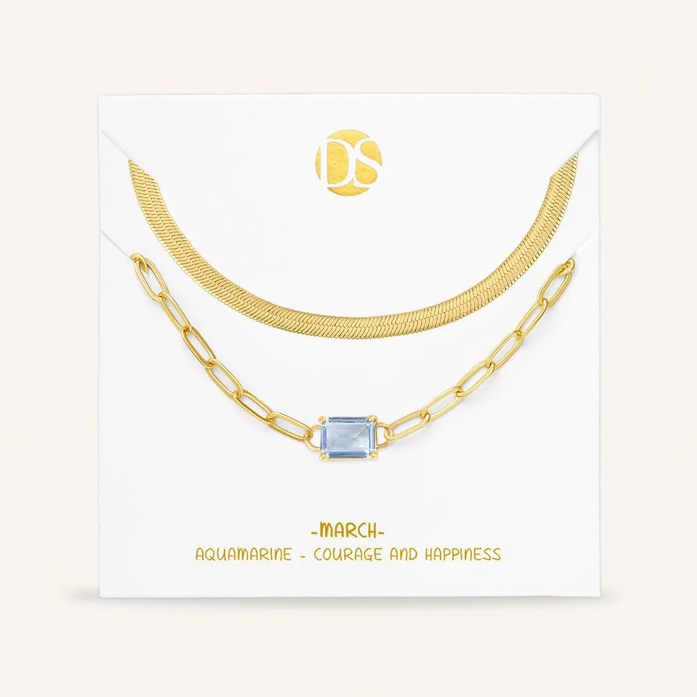 "Personal Touch" Set of Two Emerald Cut Birthstone Clip Chain & Herringbone Layering Necklaces