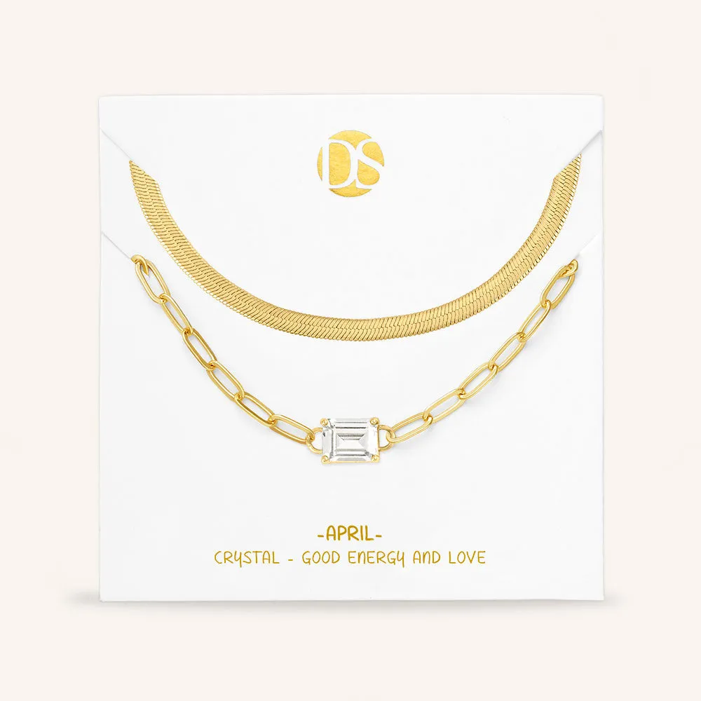"Personal Touch" Set of Two Emerald Cut Birthstone Clip Chain & Herringbone Layering Necklaces