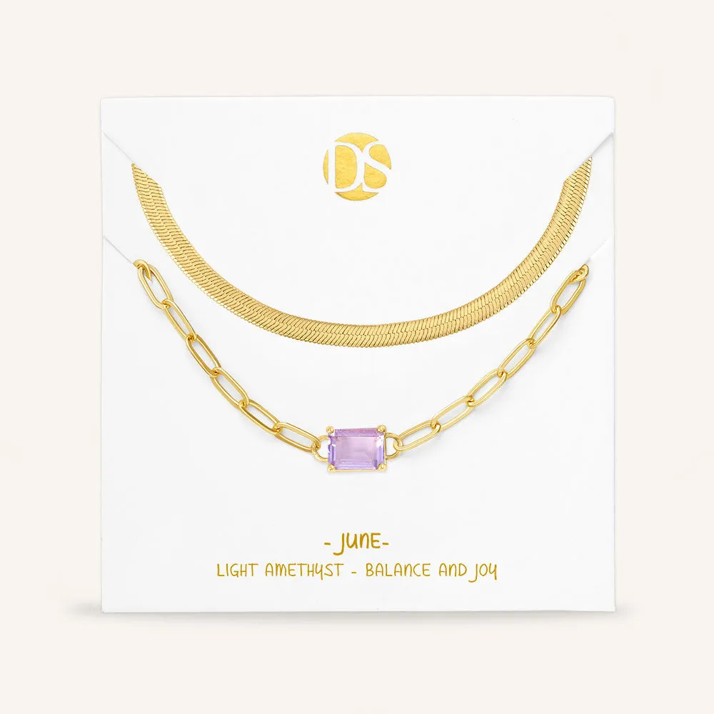 "Personal Touch" Set of Two Emerald Cut Birthstone Clip Chain & Herringbone Layering Necklaces