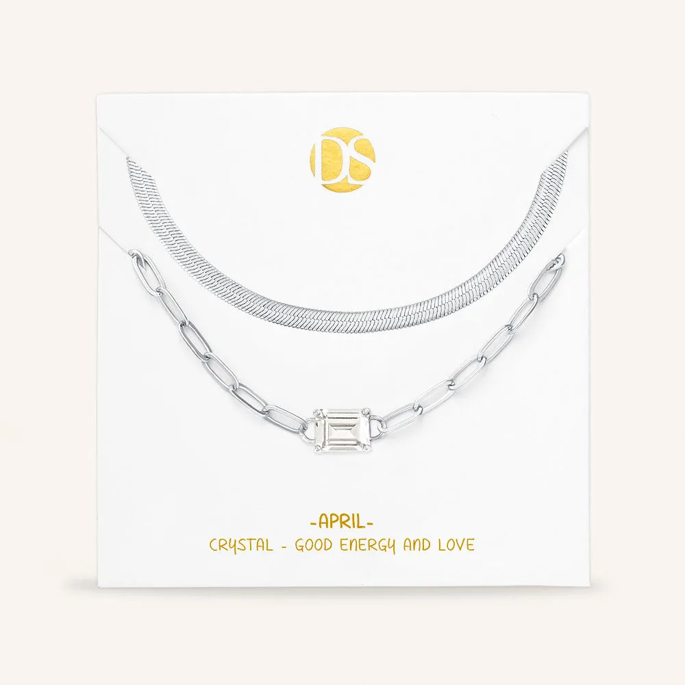 "Personal Touch" Set of Two Emerald Cut Birthstone Clip Chain & Herringbone Layering Necklaces