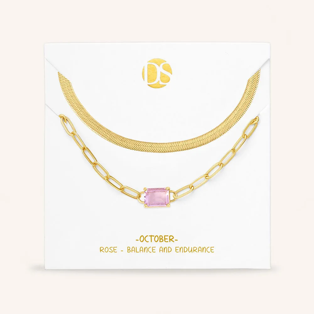 "Personal Touch" Set of Two Emerald Cut Birthstone Clip Chain & Herringbone Layering Necklaces