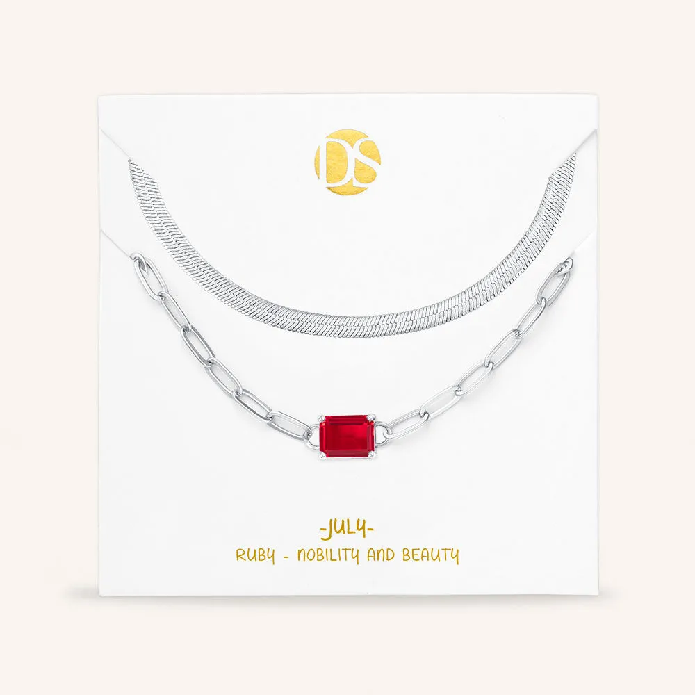 "Personal Touch" Set of Two Emerald Cut Birthstone Clip Chain & Herringbone Layering Necklaces