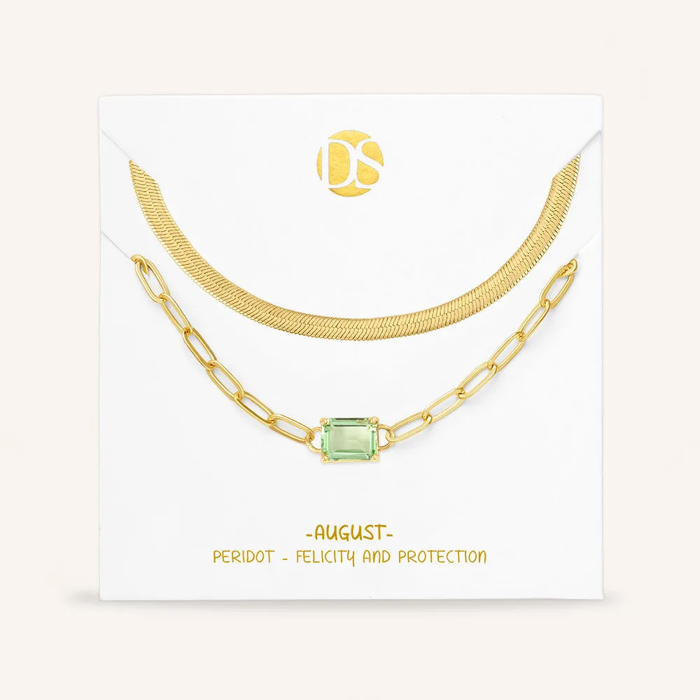"Personal Touch" Set of Two Emerald Cut Birthstone Clip Chain & Herringbone Layering Necklaces