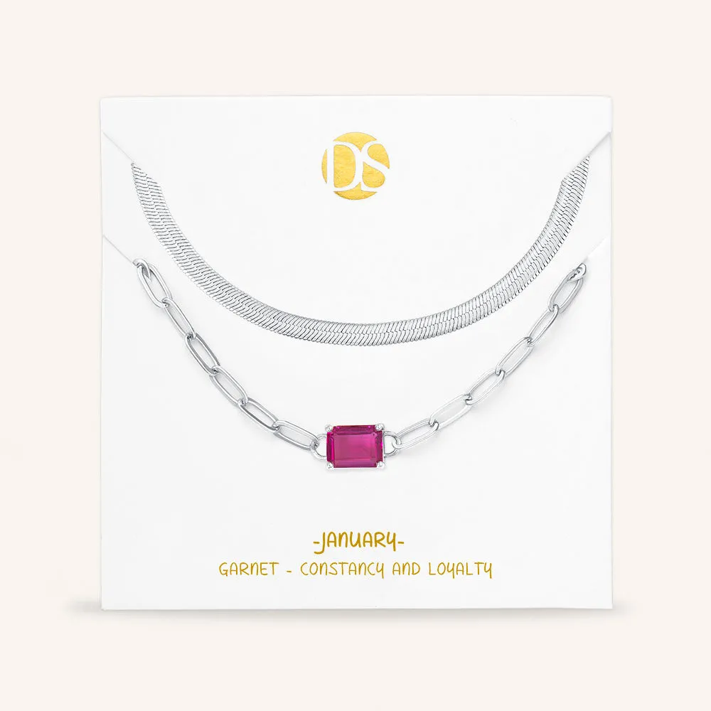 "Personal Touch" Set of Two Emerald Cut Birthstone Clip Chain & Herringbone Layering Necklaces