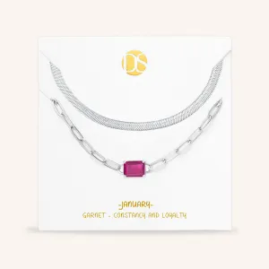 "Personal Touch" Set of Two Emerald Cut Birthstone Clip Chain & Herringbone Layering Necklaces