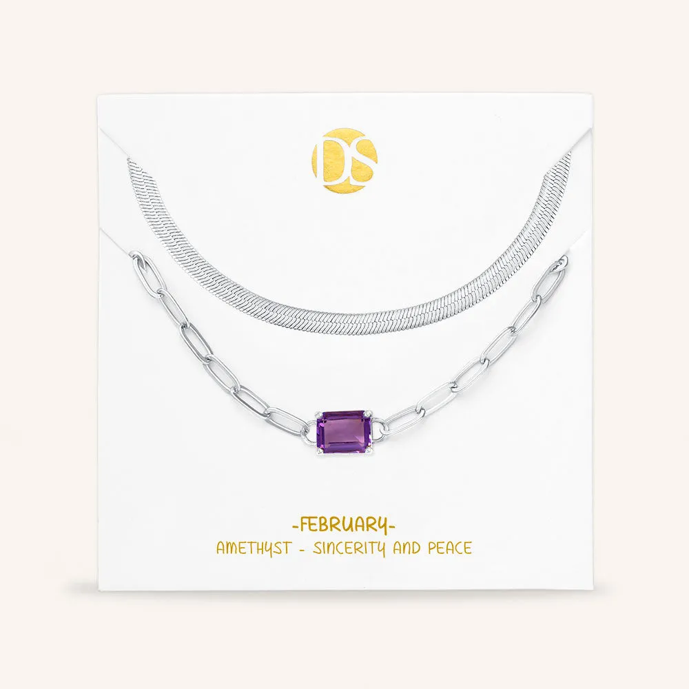 "Personal Touch" Set of Two Emerald Cut Birthstone Clip Chain & Herringbone Layering Necklaces