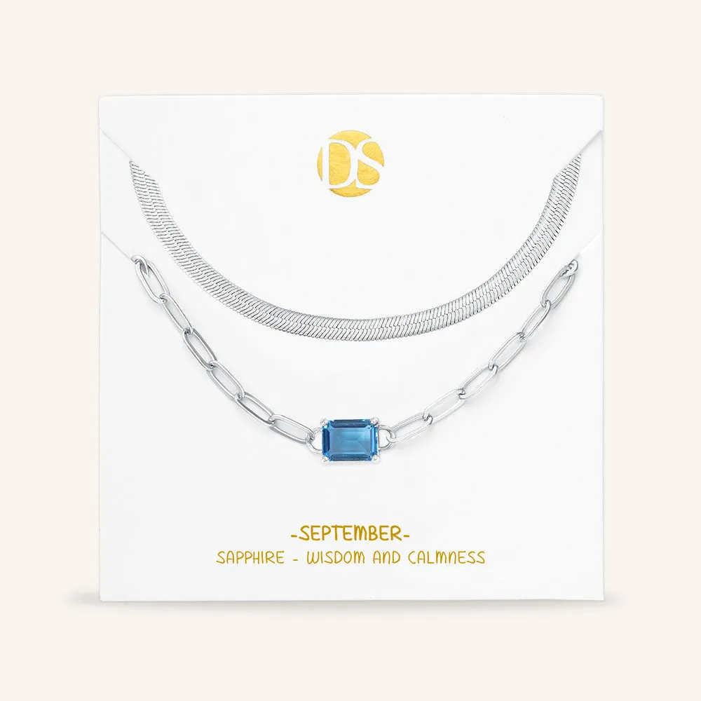"Personal Touch" Set of Two Emerald Cut Birthstone Clip Chain & Herringbone Layering Necklaces