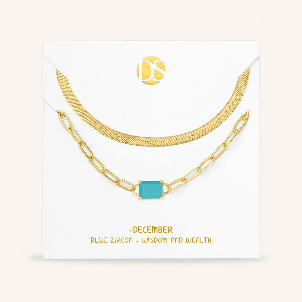 "Personal Touch" Set of Two Emerald Cut Birthstone Clip Chain & Herringbone Layering Necklaces