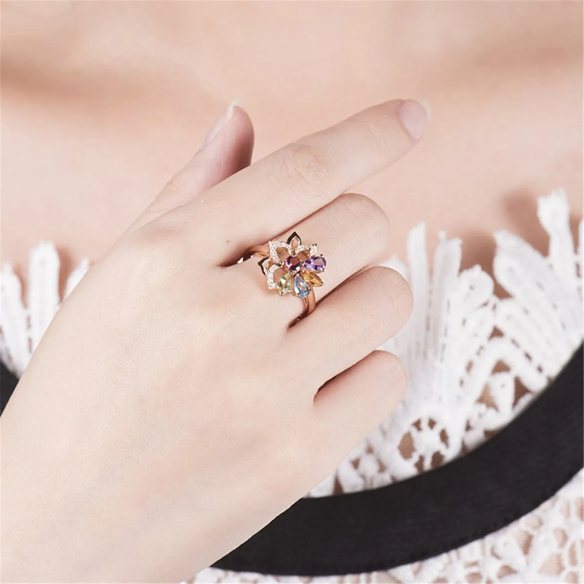 Rainbow Crystal & Cubic Zirconia Flower Adjustable Ring