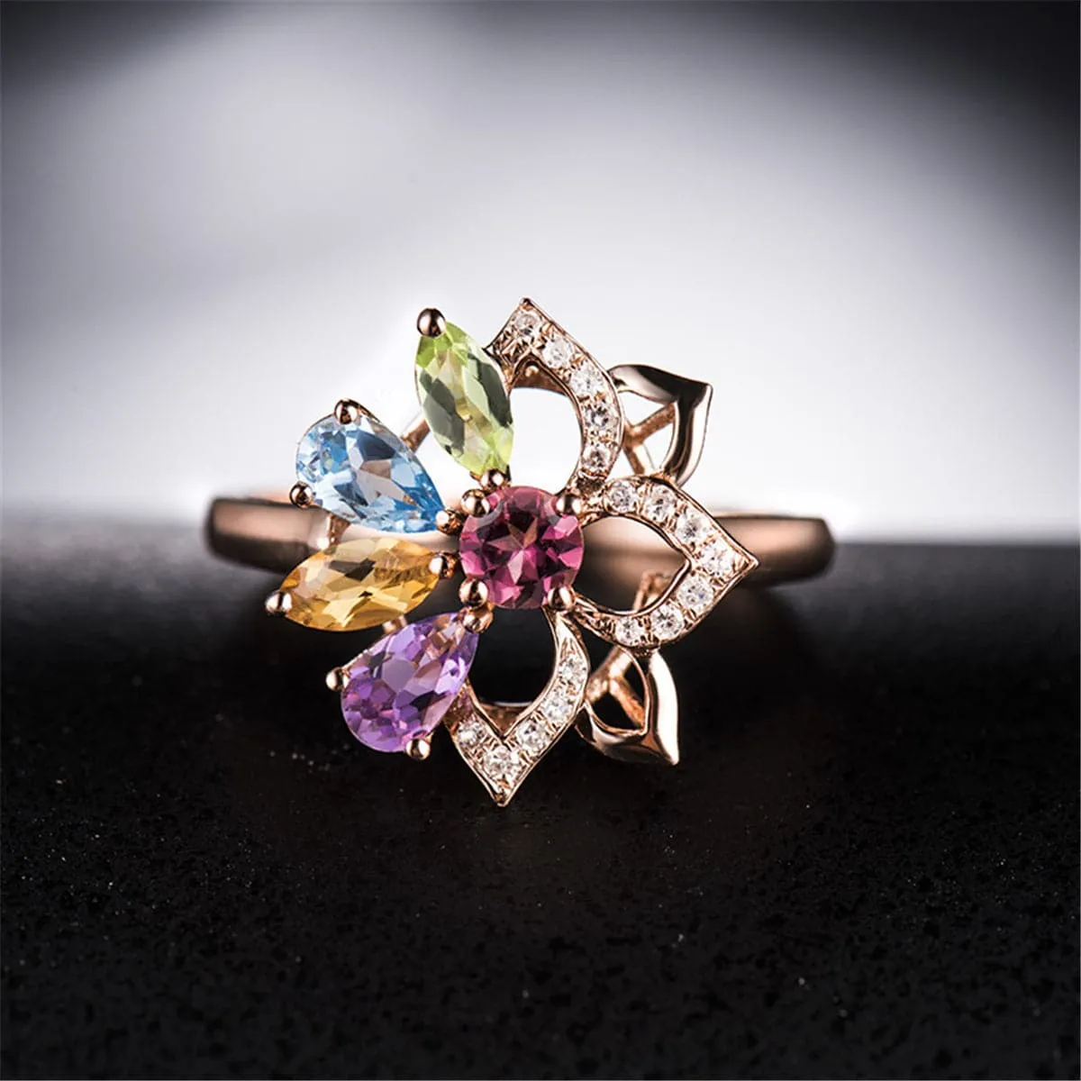 Rainbow Crystal & Cubic Zirconia Flower Adjustable Ring